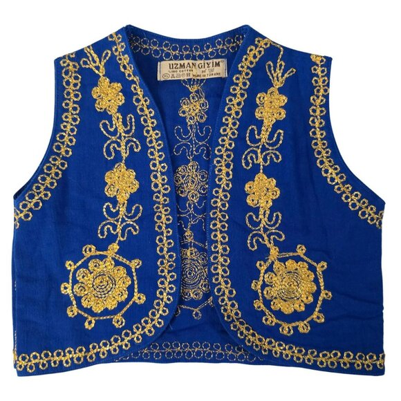 Turkish Vest Afghan Vest Afghani Style Blue Gold Boys Child XL Open Front - Picture 1 of 9